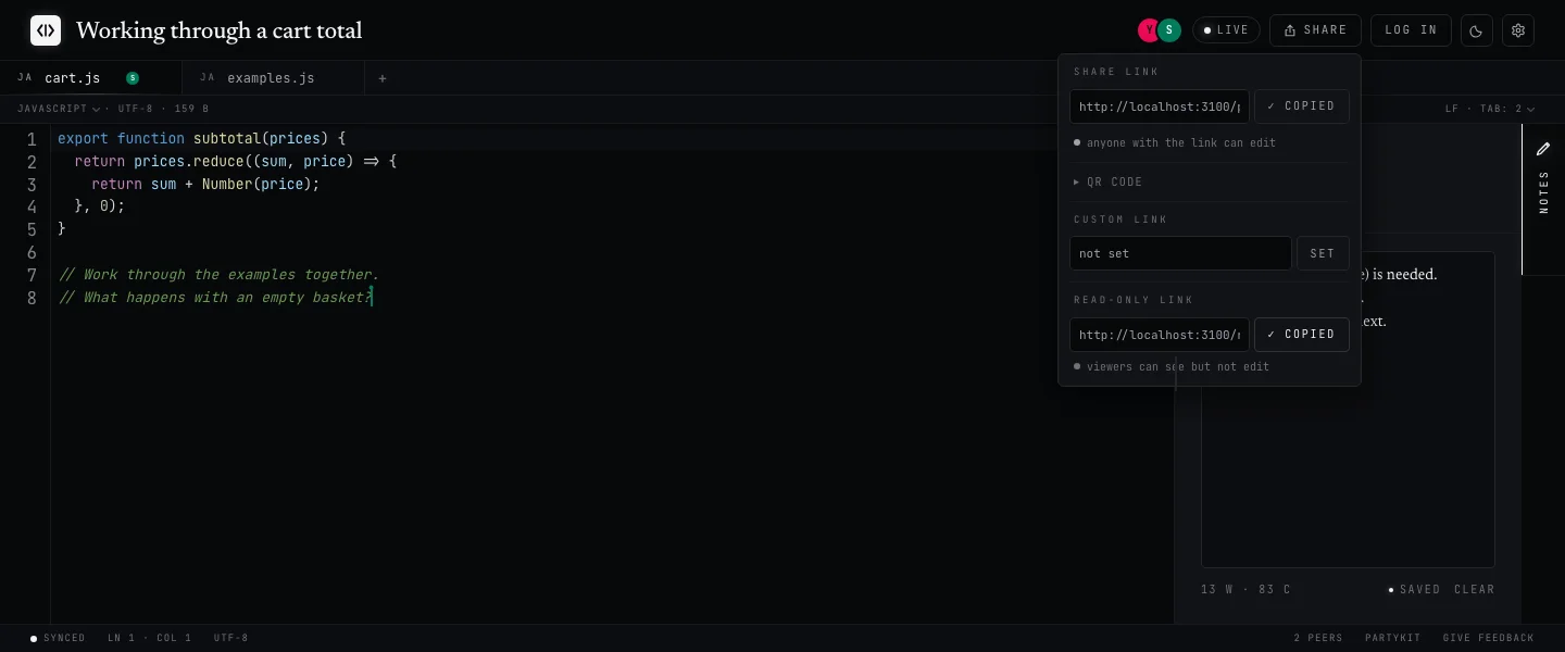 Codepad’s share menu showing separate editable and read-only links for an example pad.